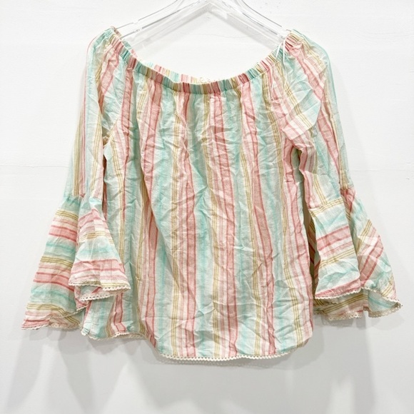 Solitaire Pastel Color Stripe Bell Sleeve Off The Shoulder Top Size Large - Picture 1 of 7